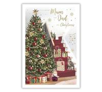 IC&G Christmas Card for Mum & Dad - Festive Tree & Cat Design - Embossed Foil and Flitter Finish - Premium Quality Special Christmas Greeting Card with Envelope - For Parents