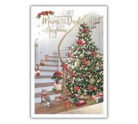 IC&G Christmas Card for Mum & Dad - Festive Tree & Cat Design - Embossed Foil Finish - Special Christmas Greeting Card for Parents