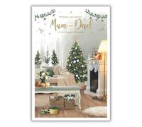 IC&G Christmas Card for Mum & Dad - Festive Tree & Home Design - Embossed Foil & Flitter Finish - Premium Quality Special Christmas Greeting Card with Envelope - For Parents