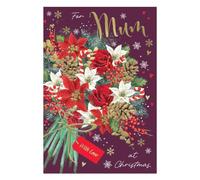 IC&G Christmas Card for Mum, Festive Floral Bouquet Design | Embossed Foil Finish, Illustrated Insert Leaf, Heartfelt Verse, Eco-Friendly, Made in the UK