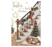 IC&G Christmas Card for Sister and Family - Festive Tree and Staircase Design - Embossed with Foil & Flitter Finishes - Christmas Greeting Card for a Wonderful Sister and Lovely Family