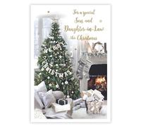 IC&G Christmas Card for Son and Daughter in Law - Decorated Lounge and Cosy Fireplace Design - Foil Finish - Festive Christmas Greeting Card for a Special Couple