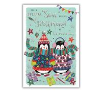 IC&G Christmas Card for Son & His Girlfriend - Penguins in Festive Jumpers - Foil Finish - Premium Quality Special Christmas Greeting Card with Envelope