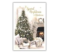 IC&G Christmas Card for Special Neighbours - Festive Tree, Stockings & Fireplace - Foil Finish - Premium Quality Special Christmas Greeting Card with Envelope