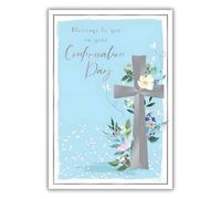 ICG Confirmation Day Congratulations Card - Confirmation Congratulations Card for Boys with 'Blessings to You' Floral Cross and Butterfly Design with an Embossed Foil Finish