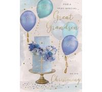 IC&G Congratulations On Your Christening for Great Grandson - Sweet Cake & Balloons Design - Religious Premium Greeting Card with Envelope