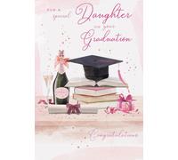 IC&G Congratulations On Your Graduation Card for Daughter - Graduate Mortarboard Hat, Books, Scroll & Champagne - Premium Special Greeting Card with Envelope - by International Cards & Gifts