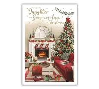 IC&G Daughter and Son in Law Christmas Card, Single - Christmas Cards with a Festive Decorated Tree and Fireplace Design and Special Finishes - Xmas Cards with Envelope