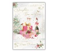 IC&G Daughter and Son in Law Christmas Card, Single - Christmas Cards with an Artistic Champagne and Festive Robins Design and Special Finishes - Xmas Cards with Envelope