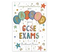 IC&G GCSE Exam Card - Balloons & Stars Design with Embossed Foil Finish & Illustrated Insert Leaf, Eco-Friendly & Made in the UK, Greeting Card with Envelope