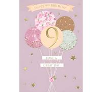 IC&G Girl's 9th Birthday Card - Happy Birthday Card Age 9 with Contemporary Floral Balloon Design and a Foil Finish - Birthday Card for Children
