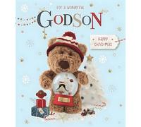 ICG Godson Christmas Card, Single - Christmas Cards with Barley Teddy Bear and Snowglobe Artistic Festive Design and Special Finishes for Children - Xmas Cards with Envelope