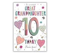 IC&G Great Granddaughter 10th Birthday Card - Colourful Hearts and Stars Design - Foil Finish - Age 10 Happy Birthday Card to a Wonderful Great Granddaughter - For Girls