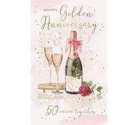 IC&G Happy Golden Anniversary Card - Champagne Bottle, Glasses & Rose Design - Embossed Gold Foil - Premium 50th Anniversary Greeting Card with Envelope - 50 Years