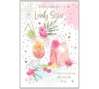 IC&G Lovely Sister Birthday Card - Floral Cocktail and Confetti Design and Embossed Foil and Flitter Details - Birthday Card for Women