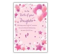 IC&G New Baby Daughter Congratulations - Birth Congratulations Card with Sentimental Verse and Star and Balloon Design with an Embossed Foil Finish