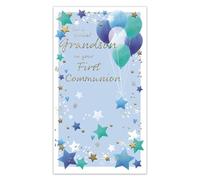 IC&G Religious Congratulations On Your First Communion Card for Grandson - Balloons & Stars - Embossed Foil Finish - Premium Holy Communion Card with Envelope
