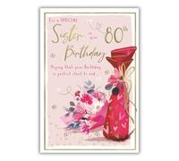 IC&G Sister 80th Birthday Card - Pretty Floral Bouquet and Present Design - Embossed Foil Finish - Age 80 Happy Birthday Card for a Special Sister - For Her