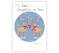 ICG Son and Daughter In Law Christmas Card, Single - Christmas Cards with a Deer Couple and Love Heart Contemporary Festive Design and Special Finishes - Xmas Cards with Envelope