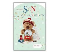 ICG Son Christmas Card, Single - Christmas Cards with Barley Teddy Bear and Snowglobe Festive Design and Special Finish for Children - Xmas Cards with Envelope