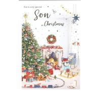 IC&G Son Christmas Card, Traditional Festive Scene Design with Christmas Tree and Fireplace, 13.5 x 19.5 cm