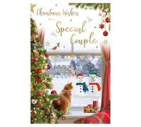 IC&G Special Couple Christmas Card - Cat Looking at Snowmen Outside Embossed with Foil and Flitter Details