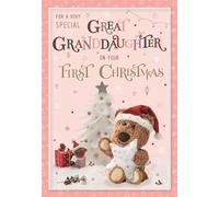 IC&G Special Great Granddaughter's First Christmas Card - Cute Teddy Bear & Festive Tree in the Snow - Premium Quality Christmas Greeting Card with Envelope -By ICG