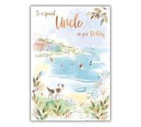 IC&G Uncle Birthday Card - Happy Birthday Card with Dog and Seaside Sail Boats Scene with Embossed Foil Details - Birthday Card for Men