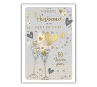 IC&G Wonderful Husband 50th Anniversary Card - Happy Gold Anniversary Card 50 Years for a Special Someone with Contemporary Hearts and Champagne Design and an Embossed Foil Finish