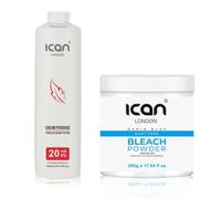 Ican London Cream Peroxide 20 Volume 6%, 1000ml + Dust Free Rapid Blue Powder Bleach Jar, 500g, Combo Set