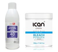 ican London Hair Pro Cream Peroxide 40 Volume 1L, Bleaching Powder Blue 500g, Professional Hair Lightening Set