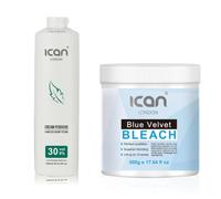 ICAN LONDON Professional Cream Peroxide 30 Vol 9%, 1000 ml, Velvet Blue Powder Bleach, 500 g