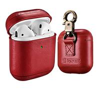 ICARER Leather Case for AirPods 1&2, Premium Genuine Leather Vintage Portable Shockproof Protective Cover with Keychain for Apple AirPods 1&2 Case (Front LED Visible) Support Wireless Charging (Red)