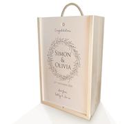 iCaseDesigner Engraved Personalised Wooden Double Wine Box for 2 Bottles with Slide Lid & Woodwool Filling - Wreath
