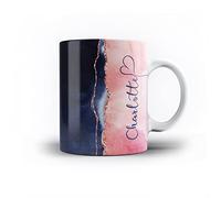 iCaseDesigner Personalised Agate Watercolour Marble Name with Heart 11oz Ceramic Mug - 29. Deep Blue & Rose Vertical Name