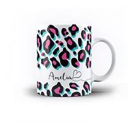 iCaseDesigner Personalised Animal Print Mug with Name and Heart. 11oz Ceramic Mug. 11. Funky Pink Turquoise Leopard