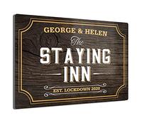 iCaseDesigner Personalised Bar Sign - The Staying Inn. Your Name & Message on an Aged Wood Background Print. Gloss Metal Wall Art. Pub Man-Cave Gift