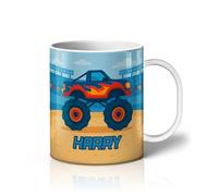 iCaseDesigner Personalised Children's Mug - Unbreakable Lightweight Polymer - Add Your Own Name - Vehicle Theme - Monster Truck