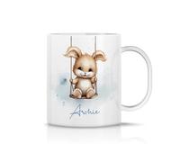 iCaseDesigner Personalised Childrens Polymer Mug - Cute Baby Bunny Rabbit on a Swing - Blue Theme