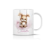 iCaseDesigner Personalised Childrens Polymer Mug - Cute Baby Bunny Rabbit on a Swing - Pink Theme