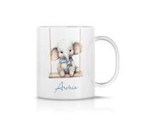 iCaseDesigner Personalised Childrens Polymer Mug - Cute Baby Elephant on a Swing - Blue Theme