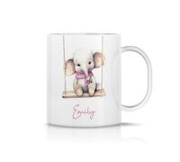 iCaseDesigner Personalised Childrens Polymer Mug - Cute Baby Elephant on a Swing - Pink Theme