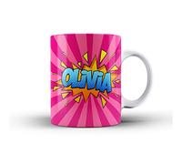 iCaseDesigner Personalised Comic Caption Ceramic Mug with Name or Message - 2. Hot Pink with Blue Text
