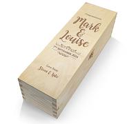 iCaseDesigner Personalised Engraved Wooden Wine Box with Hinge Lid & Woolwool filling - Wedding - Congratulations Design