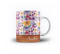iCaseDesigner Personalised Floral & Leaf Pattern with Name on Wood Design 11oz Ceramic Mug - 14. Spring Flowers