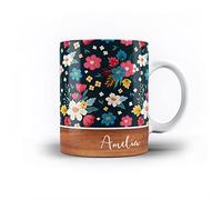 iCaseDesigner Personalised Floral & Leaf Pattern with Name on Wood Design 11oz Ceramic Mug - 4. Daisies on Teal Blue