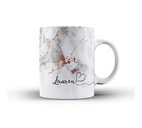 iCaseDesigner Personalised Marble Glitter Flowing Name with Heart Ceramic Mug - 10. Grey Marble with Faux Rose Gold Name