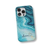 iCaseDesigner Personalised Marble Glitter Flowing Name with Heart Phone Case Compatible with iPhone 14-6. Turquoise Sparkle Swirl Name