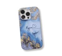 iCaseDesigner Personalised Marble Glitter Flowing Name with Heart Phone Case Compatible with iPhone 14-10. Blue and Gold Marble Swirl Name