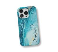 iCaseDesigner Personalised Marble Glitter Flowing Name with Heart Phone Case Compatible with iPhone 14-5. Turquoise Sparkle Swirl Vertical Name